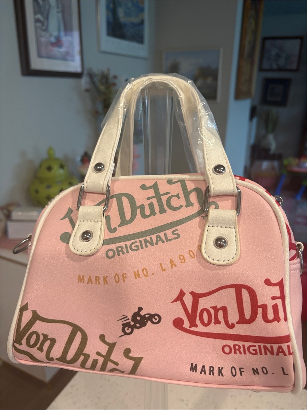 Von Dutch Pink Logo Dome Satchel with Cream Handles